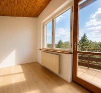 A room in a cottage with a wooden decor floor and a view of the forest.