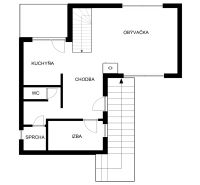 Floor plan of a cottage with a living room, kitchen, bedroom, hallway, shower, and toilet.