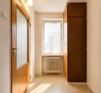 A bright hallway with doors, a window, and a built-in wardrobe in a cottage.