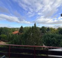 View from the terrace of the cottage on Rekreačná Street in Vrbové. Greenery and cloudy sky.