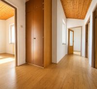 A cottage with a bright hallway, a wooden decor floor, and a built-in wardrobe.