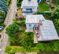 Aerial view of a cottage on Rekreačná Street in Vrbové, surrounded by a garden.
