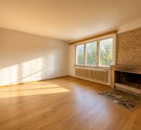 A spacious room with a fireplace and a wooden decor floor in the cottage.