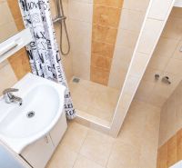 Bathroom in a 2-room apartment with a sink, shower corner, and tiles.