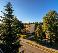 Fučíkova Street in Bardejov with apartment buildings and greenery, ideal for a 2-room apartment.