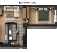 Floor plan of a 2-room apartment with a living room and a floor with a wooden decor.