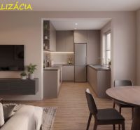 Interior of a 2-room apartment with an open kitchen, wooden decor flooring, and a dining table.