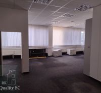 Straight lines, carpet, and white walls create the office space.