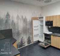 Office interior with a forest motif on the wall, floor with wooden decor.