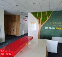 Offices with interesting walls, decorated with graphics and wooden decor on the wall.
