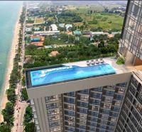 Apartments construction in Pattaya with a swimming pool and a view of the sea and beach.