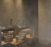 A spa room with wooden containers, benches, and equipment for apartment construction.