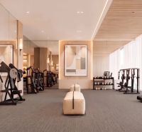 Fitness space with wood-patterned flooring, mirrors, and exercise equipment in an apartment development.