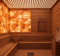 Wooden sauna with backlit salt panels, Apartment construction.