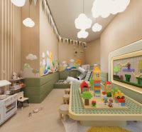 Children's playroom with toys and decorative walls as part of apartment construction.