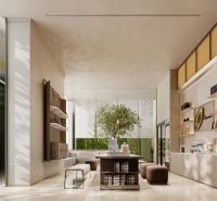The construction of apartments features a bright interior with furniture and shelves, and a floor with a wooden decor.