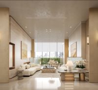 Apartment construction: bright interior with wood-patterned flooring and glass view.