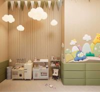 Children's room with wood-patterned flooring and toys, apartment construction.