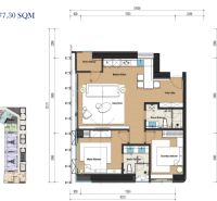 Floor plan of a 3-bedroom apartment with wood-patterned flooring and two bedrooms in Pattaya.