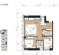 Floor plan of a 3-bedroom apartment with two bathrooms and wood-patterned flooring.