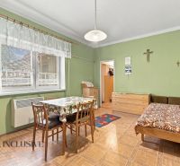 A room in a family house with a wooden decor floor and green walls.