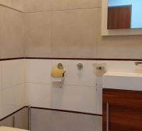Bathroom with a mirror and toilet in a 2-room apartment, tiles and wooden paneling.