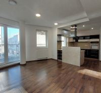 Spacious interior of a 2-room apartment with a kitchen and a wooden decor floor.