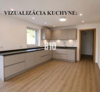 The kitchen of the family house features modern cabinets and a floor with a wooden design.