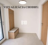 Visualization of a hallway in a family house with wooden decor and white walls.