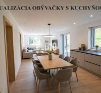 Living room with a kitchen in a family house, with a dining table on a floor with a wooden decor.