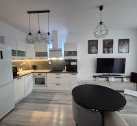 A kitchen in a 3-room apartment with a wooden decor floor and white cabinets.