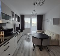 Living room of a three-room apartment with a wooden decor floor and cozy furniture.