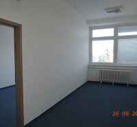 Offices with blue carpet and large windows, suitable for a smaller corporate environment.