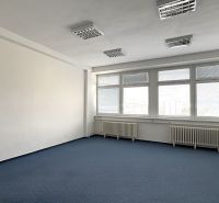 Offices with blue carpet, white walls, and large windows available for rent.