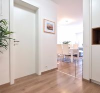 Two-room apartment with wooden decor flooring, a houseplant, and a dining table.