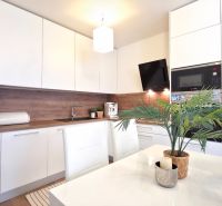 A kitchen in a 2-room apartment with white cabinets and a wood-patterned floor.
