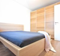 Bedroom in a 2-room apartment with a large wardrobe and bed, floor with wood decor.