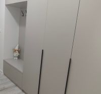 A built-in wardrobe in the hallway with a decorative figurine in a 3-room apartment.