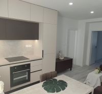 A kitchen in a 3-room apartment with a modern kitchen unit and wood decor.