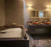 A bathroom in a villa with a hot tub, mirror, and decorative figurine on the sink counter.