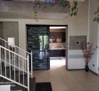 The interior of the villa with decorative doors and a modern kitchen, plants hanging from the railing.