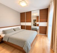 A bedroom in a 2-room apartment with a double bed and a floor with a wood decor.