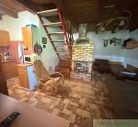 Interior of a cabin with a fireplace, wooden-style flooring, and a kitchen unit.