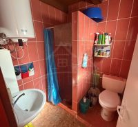 Bathroom with a shower, toilet, and sink in a cabin, with red tiles.