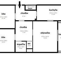 Floor plan of a 3-room apartment with bedrooms, kitchen, living room, and balcony.