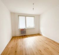A room in a 2-room apartment with a wooden decor floor and a large window.