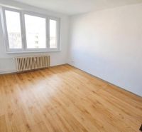 A room in a 2-room apartment with a large window and a floor with a wooden decor.