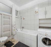 A bathroom in a studio apartment with a sink, washing machine, bathtub, and radiator.