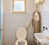 A bathroom in a family house with a toilet and a sink, floor with a wooden decor.