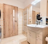 Bathroom with a washing machine and dryer, cabinet under the sink, and floor with wood decor.